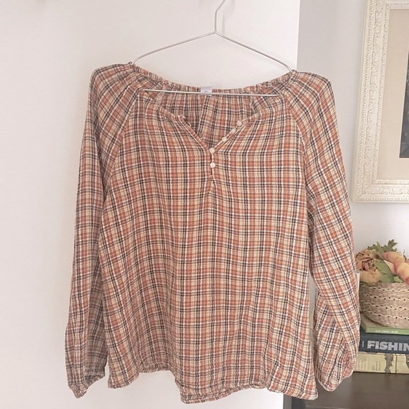 Old Navy Long Sleeve Split Neck Blouse brown plaid 100% cotton matching toddler - Picture 1 of 8